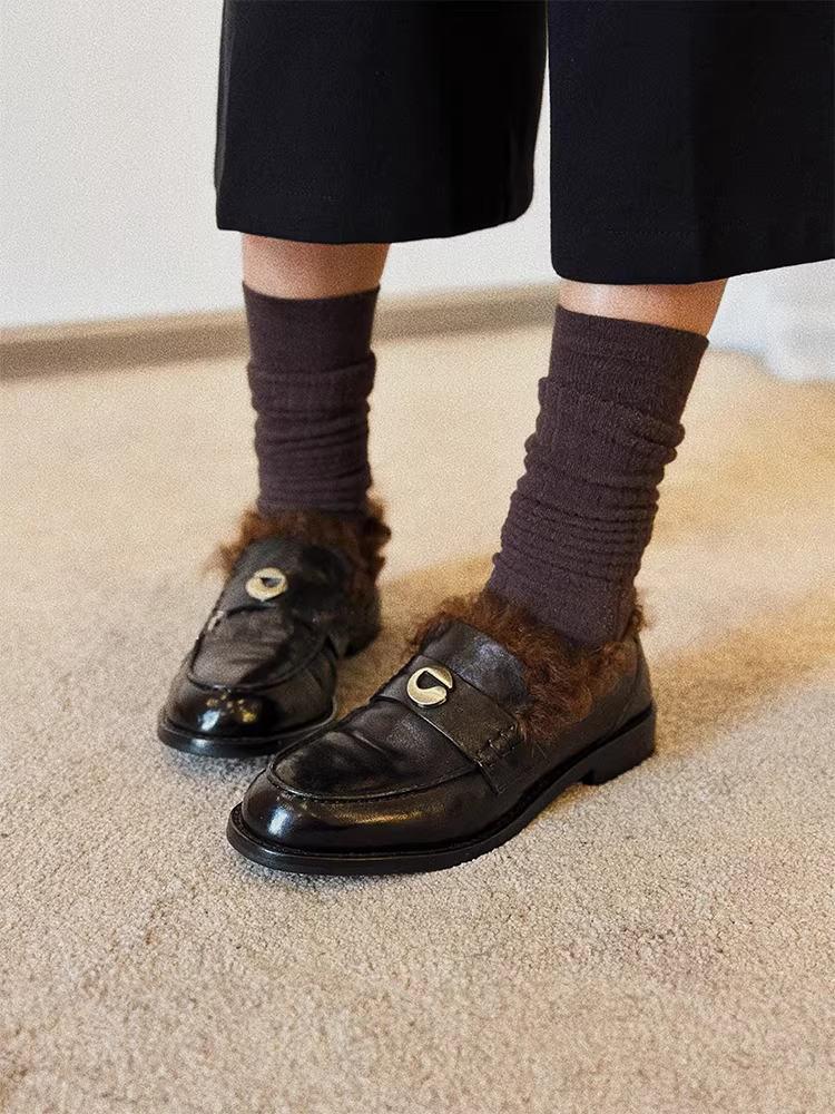 Phiên bản da cừu ~ giày lười da thật phong cách cổ điển sang trọng dành cho nữ, giày lông màu đen đa năng, giày da nhỏ, giày da thấp gót