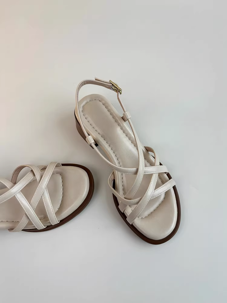 Phiên bản da cừu ~ Dép La Mã bằng da thật có gót vừa phải, thoải mái dành cho nữ, phong cách cổ điển Pháp, thích hợp để mang ngoài trời vào mùa hè, dép quai ngang.