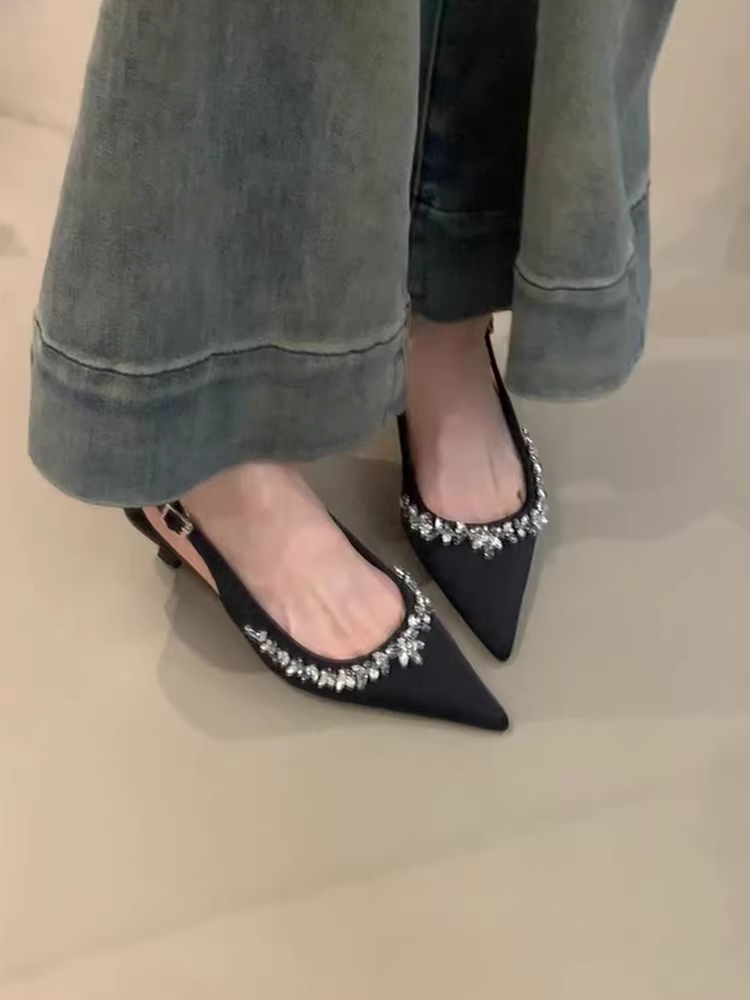 Phiên bản da cừu ~ Giày cao gót đính đá cho nữ, dép xỏ ngón kiểu cổ tích có dây đeo phía sau, mũi nhọn, giày đơn thanh lịch.
