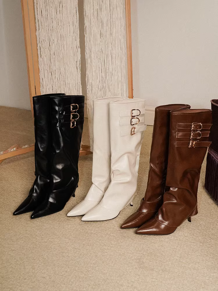 Pear Xiaoqi~ Giày bốt dài mũi nhọn thanh lịch hai chiều dành cho nữ, phong cách Pháp, có khóa thắt lưng, tôn dáng, giày cao gót da thật