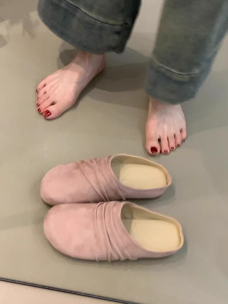 Phiên bản da cừu ~ giày lười đa năng kiểu cổ điển dành cho nữ, giày nửa dép bằng da lộn, giày Birkenstock mũi tròn xếp ly