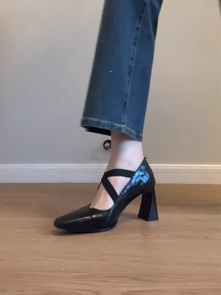 Phiên bản da cừu ~ Giày cao gót thanh lịch dành cho nữ có quai chéo, mũi vuông, giày Mary Jane cổ điển kiểu dáng cổ điển bằng da thật.