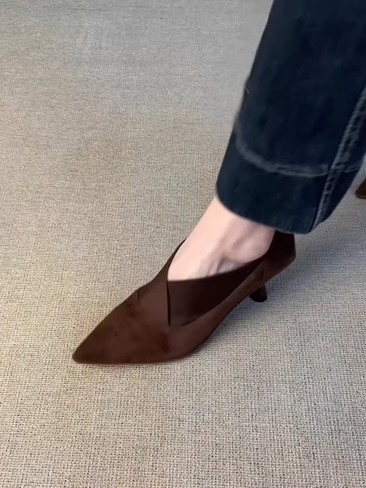 Phiên bản da cừu ~ Giày cao gót da lộn kiểu dáng xỏ ngón, kiểu chữ V dành cho nữ, đa năng cho mùa thu, đi làm, giày da thật mũi nhọn