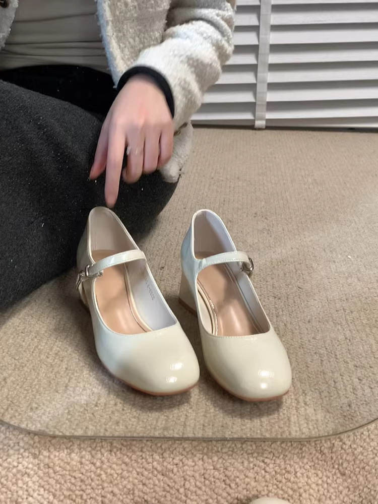 Phiên bản da cừu ~ Giày Mary Jane gót thấp một dây kiểu Pháp dành cho nữ, mũi vuông nông, da thật, giày đơn giản dị và thanh lịch.