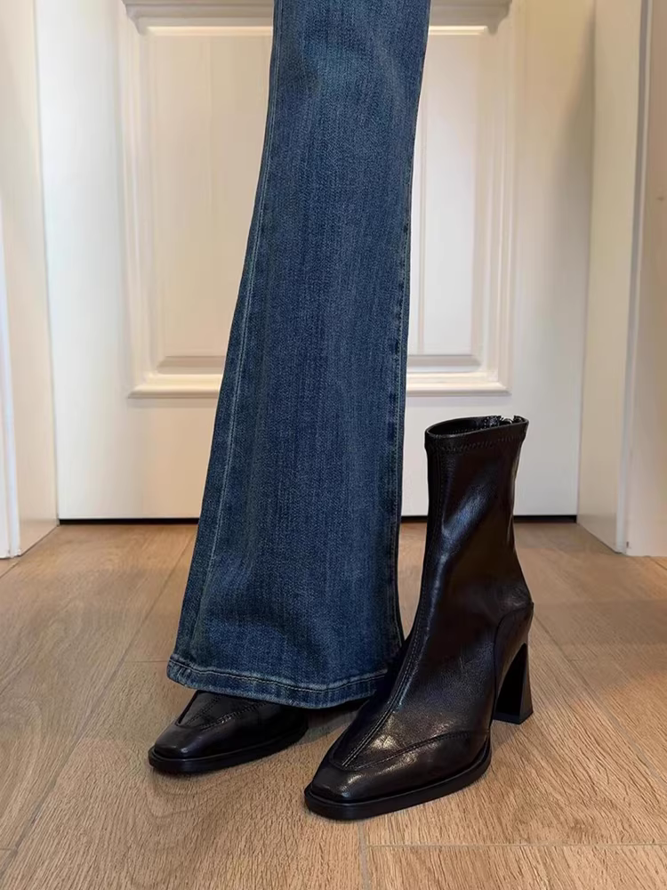 Phiên bản da bò ~ Giày bốt ngắn mũi vuông da thật phong cách Hàn Quốc, giày bốt cổ ngắn kiểu retro, giày bốt ôm sát co giãn, giày bốt cao gót khóa kéo phía sau dành cho nữ