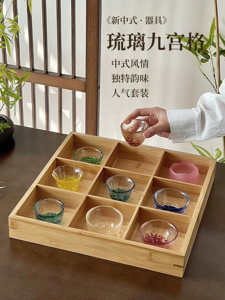 Ly thủy tinh nhiều màu sắc, bộ chén trà nhỏ kiểu Nhật chín ngăn, chén nếm thử, ly thủy tinh cá nhân, ly rượu sake, ly rượu vang mini.