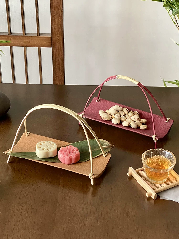 Giá trưng bày bánh ngọt kiểu Thiền Trung Quốc, giỏ đựng trái cây có tay cầm bằng tre thủ công, khay đựng đồ ăn nhẹ, giỏ nhỏ sáng tạo truyền thống.