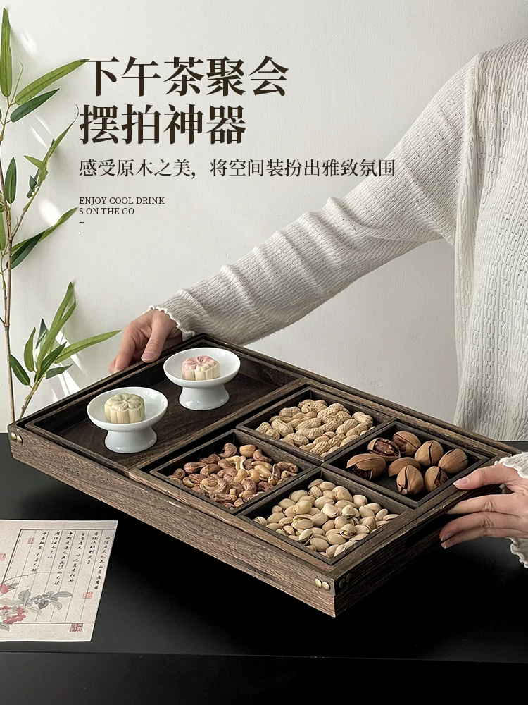 Khay gỗ kiểu Trung Quốc để pha trà bên bếp, phụ kiện cho trà chiều, khay đựng tráng miệng, đồ ăn nhẹ, trái cây sấy khô, đĩa trái cây.