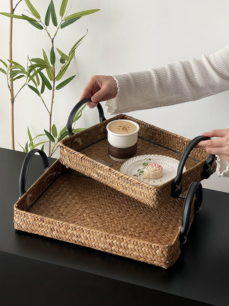Khay mây đan chất lượng cao kiểu Trung Quốc mới, khay trà, khay trưng bày đồ ăn nhẹ, khay đựng đồ, khay đựng cốc nước quán trà, khay đựng tách trà, khay đựng trái cây.