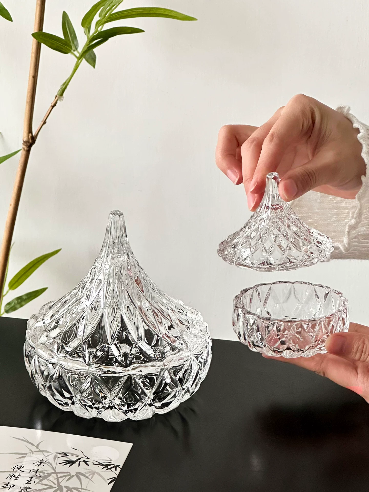 Cốc thủy tinh hình nón sáng tạo kiểu Trung Quốc có nắp, cốc tổ chim, bát thủy tinh, đĩa tráng miệng trà chiều, hộp đựng đồ thủy tinh