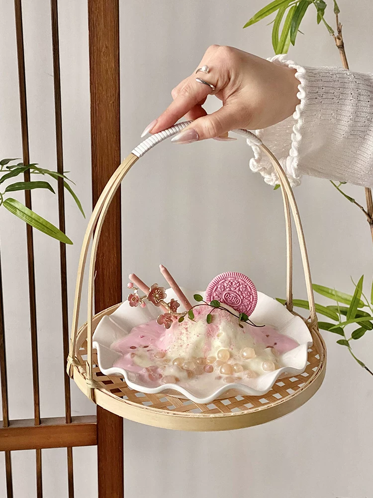 Đĩa sứ kiểu Trung Quốc, đĩa đựng trà bánh gia dụng, giỏ trái cây, giỏ tre sáng tạo, bộ khay bánh ngọt