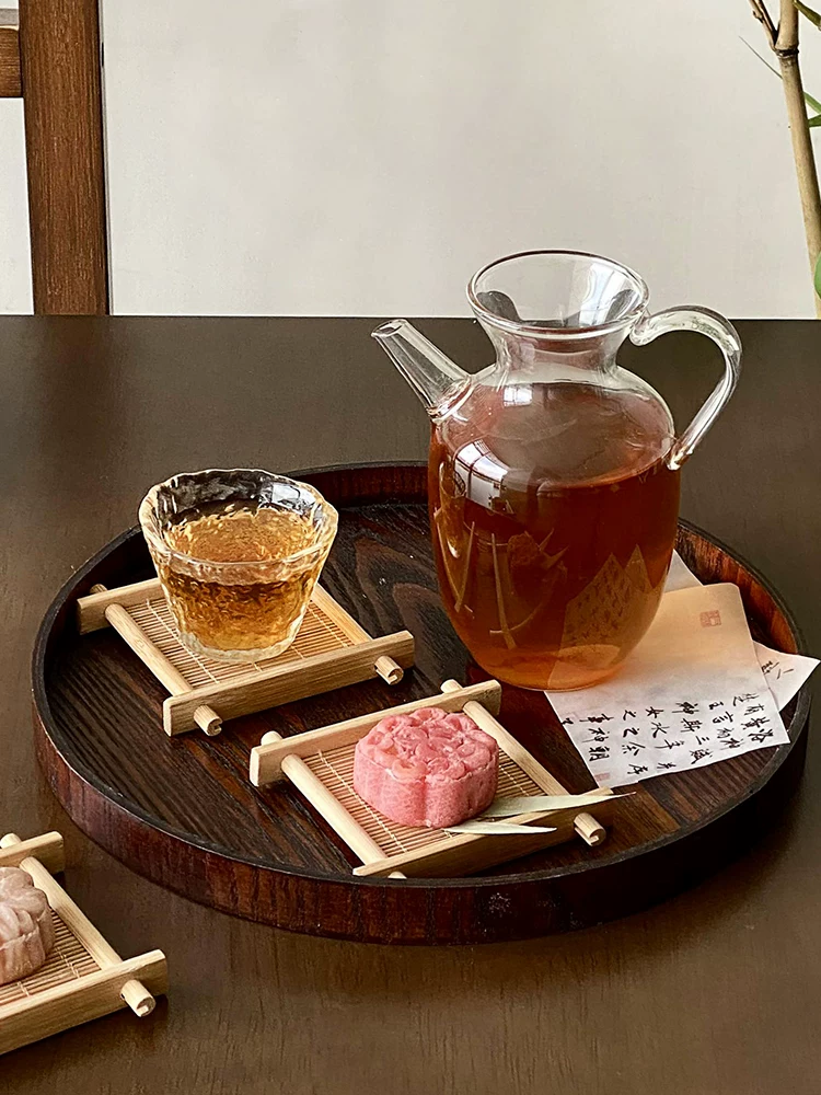 Khay trà tre kiểu Trung Quốc, đĩa tráng miệng tiệc trà, đế lót ly cổ điển, khay đựng bằng tre đan, khay phục vụ bằng tre