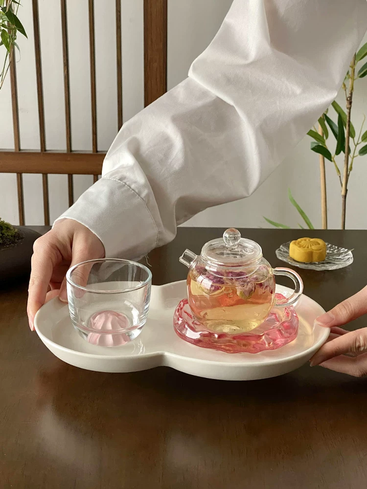 Bộ ấm trà Kung Fu màu hồng, chất liệu thủy tinh borosilicate cao cấp, ấm trà nhỏ, tách trà và đĩa lót, tách trà dùng cho một người, tách nếm trà.