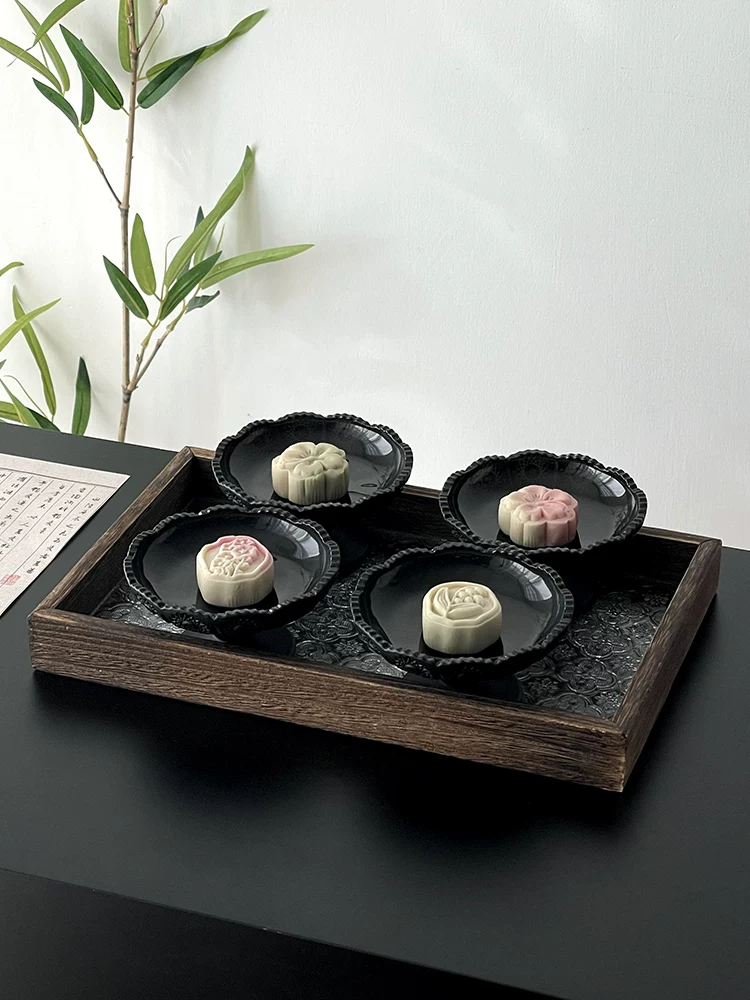 Khay trà chân cao màu đen mờ kiểu cổ điển, đĩa tráng miệng trà chiều tinh tế, đĩa trái cây, đĩa bánh ngọt Trung Hoa, đĩa đựng đồ ăn nhẹ