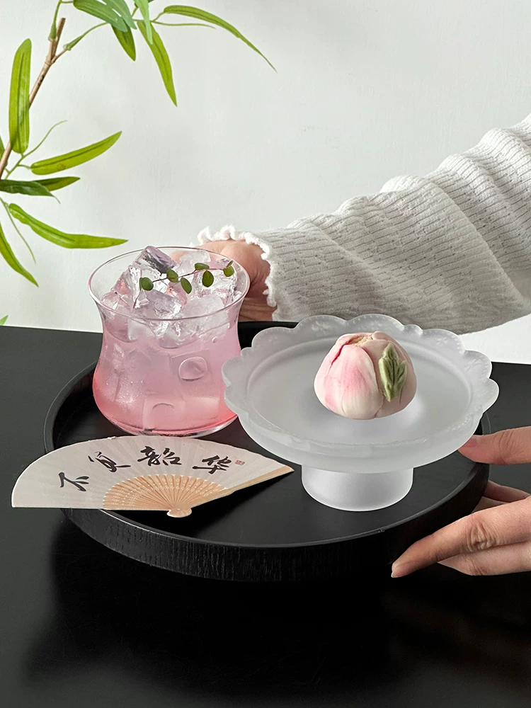 Đĩa tráng miệng cao kiểu Trung Quốc viền ren, đĩa tráng miệng bằng thủy tinh, đĩa bánh trà chiều tinh tế, đĩa đẹp để trưng bày bánh ngọt.