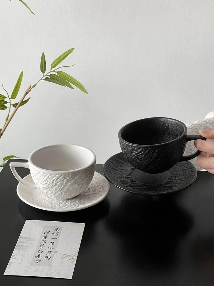 Cốc sứ cổ điển độc đáo, bộ cốc và đĩa uống cà phê tinh tế, cốc latte họa tiết đá màu trơn, cốc latte, cốc có giá trị thẩm mỹ cao.