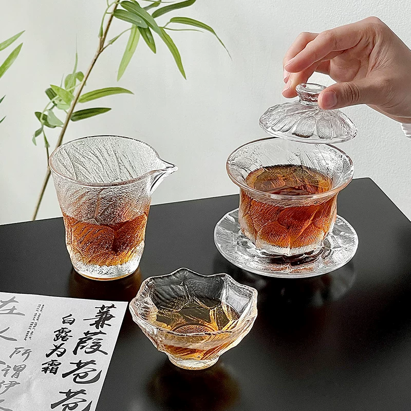 Ly trà thủy tinh kiểu Trung Quốc, phụ kiện trà gia dụng, bộ trà cao cấp, chén chia trà, bộ gaiwan ba món.