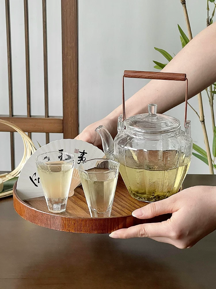 Ấm trà kiểu Nhật có tay cầm, bộ ấm trà thủy tinh chịu nhiệt cao, tách trà trong suốt gia dụng, bộ trà chiều.