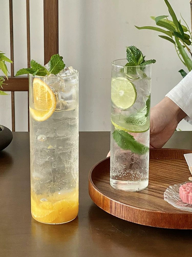 Cốc thủy tinh mỏng, trong suốt, cốc thẳng dài, cốc đựng nước trái cây, cốc trà trái cây đơn giản, cốc uống nước dài dùng trong gia đình.
