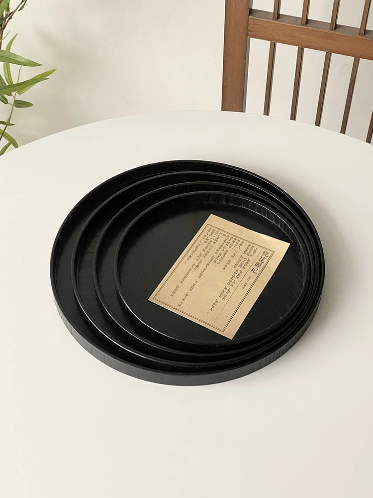 Khay đen kiểu Trung Quốc, đĩa trái cây gỗ tròn, khay đựng tách trà, khay trưng bày đồ ăn nhẹ, khay đựng tráng miệng trà chiều