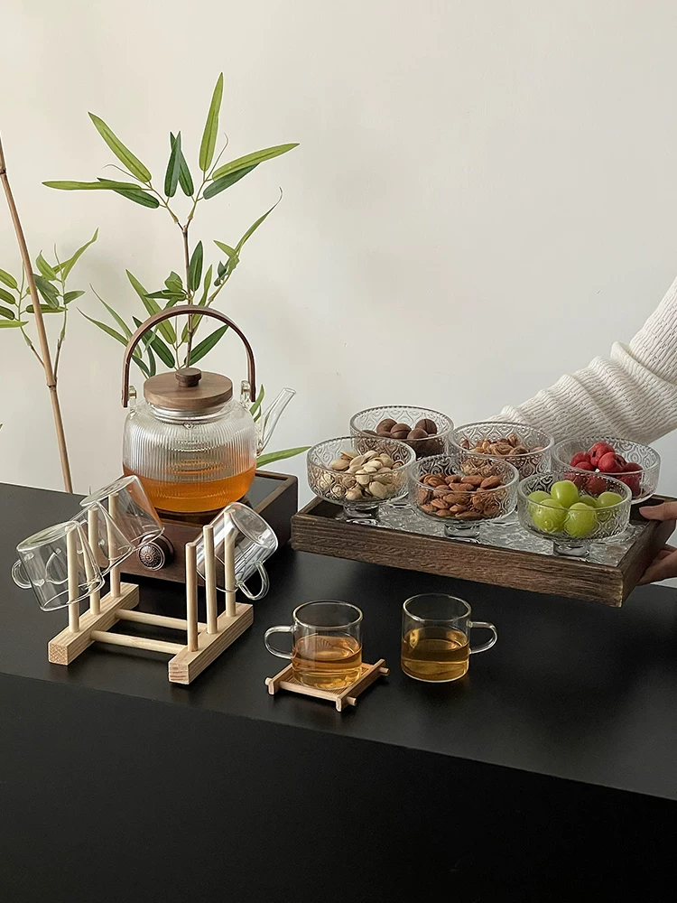 Bếp điện gốm sứ bằng gỗ óc chó để pha trà, ấm trà thủy tinh chịu nhiệt cao có tay cầm, ấm pha trà, bộ tách trà.
