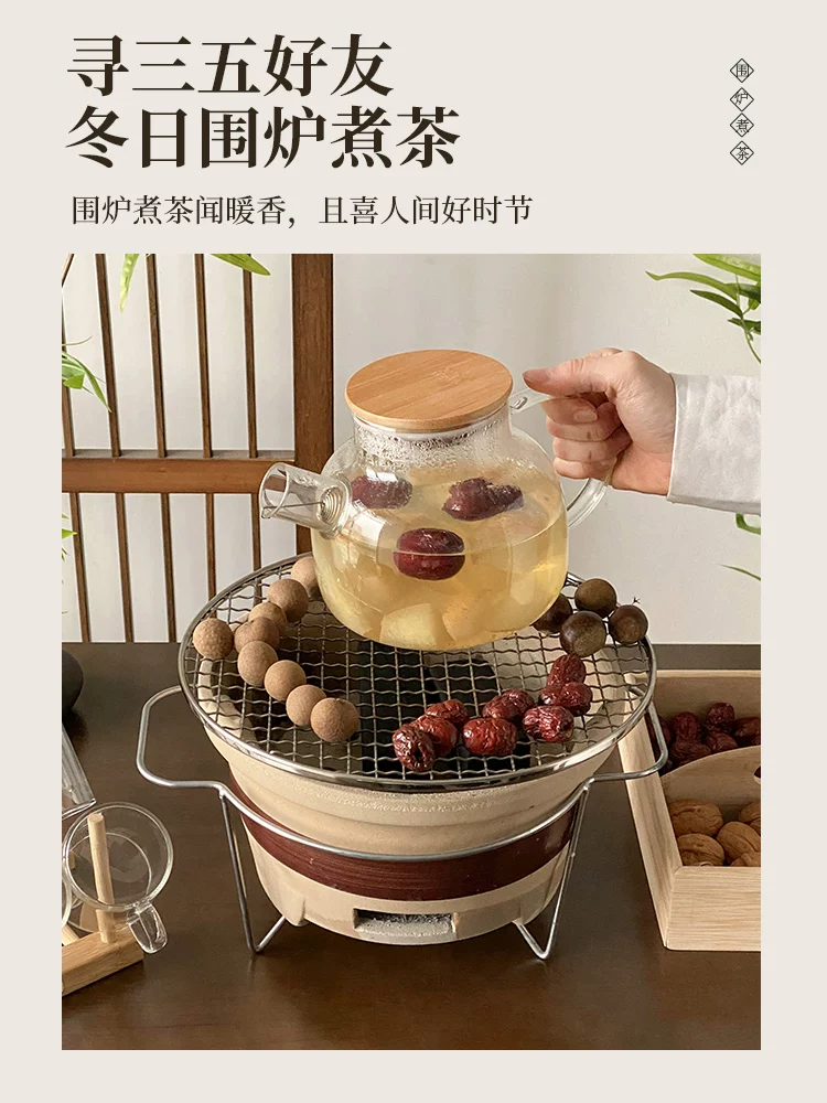 Bộ dụng cụ pha trà với ấm trà thủy tinh borosilicate cao cấp dùng được trên lửa trần, chén trà hoa, ấm pha trà, ấm đun nước, và bếp than.