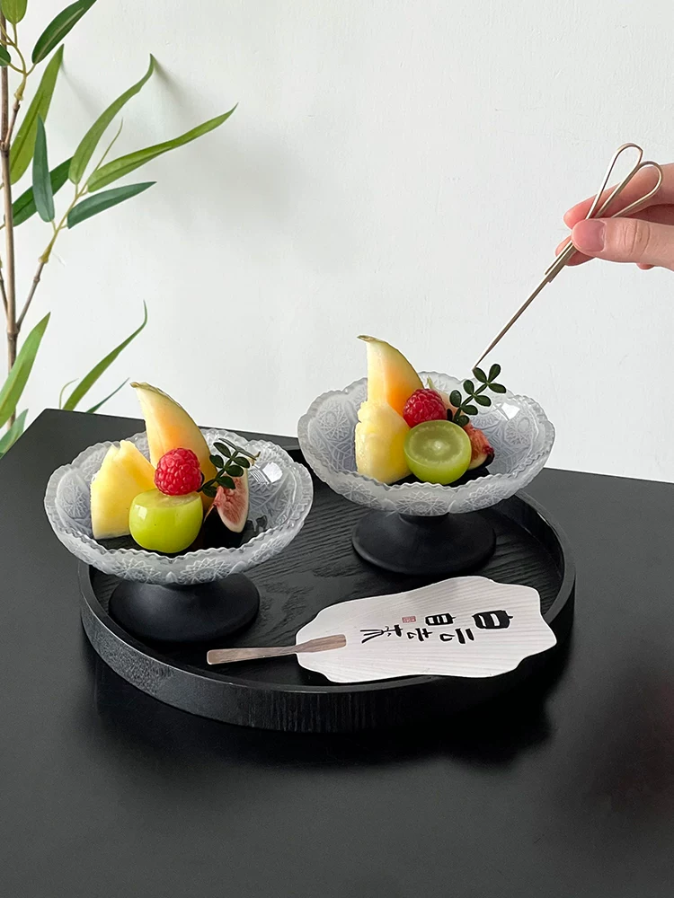 Đĩa trái cây chân thấp màu đen phong cách Trung Quốc, đĩa tráng miệng sáng tạo, đẹp mắt, đĩa đựng đồ ăn nhẹ, đĩa đựng đồ ăn nhẹ trà chiều, đĩa trái cây.