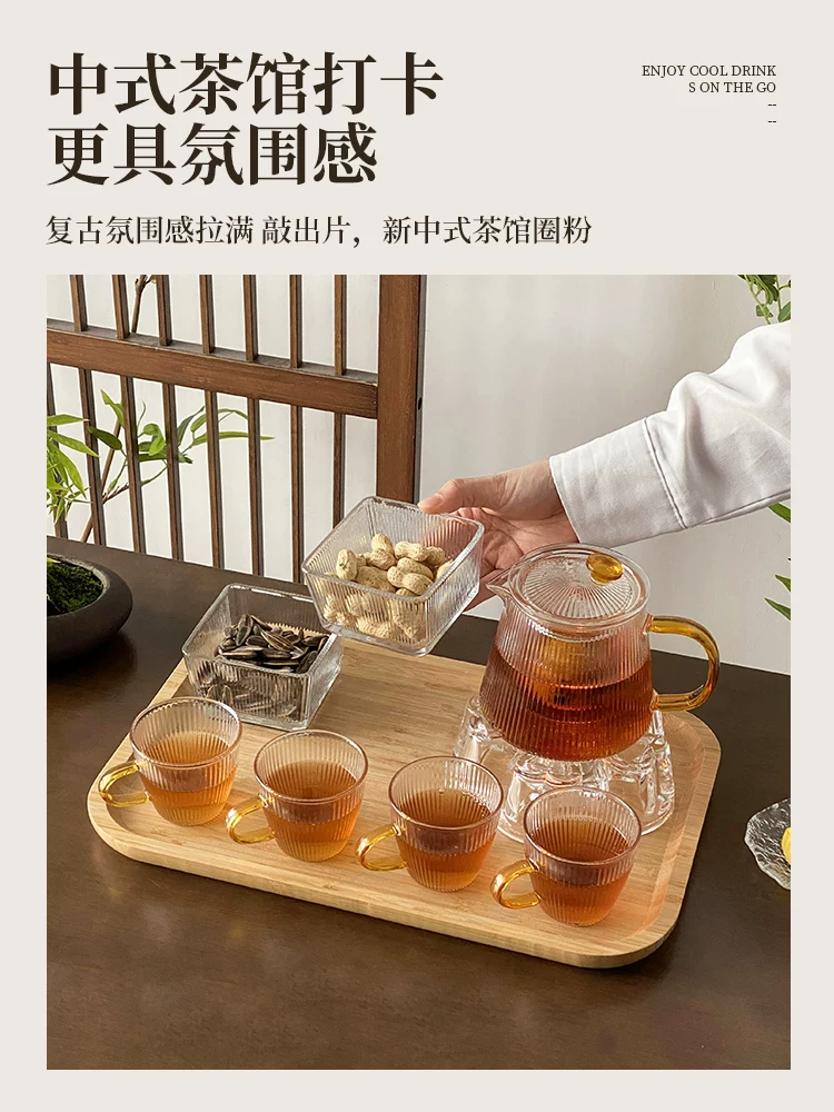 Ấm trà thủy tinh dùng trong gia đình, ấm trà hoa đun bằng nến, tách trà và nước, cốc trà chịu nhiệt độ cao, bộ ấm trà.