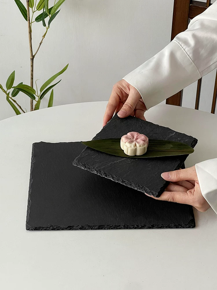 Đĩa đá đen kiểu Trung Quốc, đĩa phẳng sáng tạo, đĩa ăn, khay trà, giá để cốc, đĩa bánh ngọt, khay đĩa đá phong cách retro.