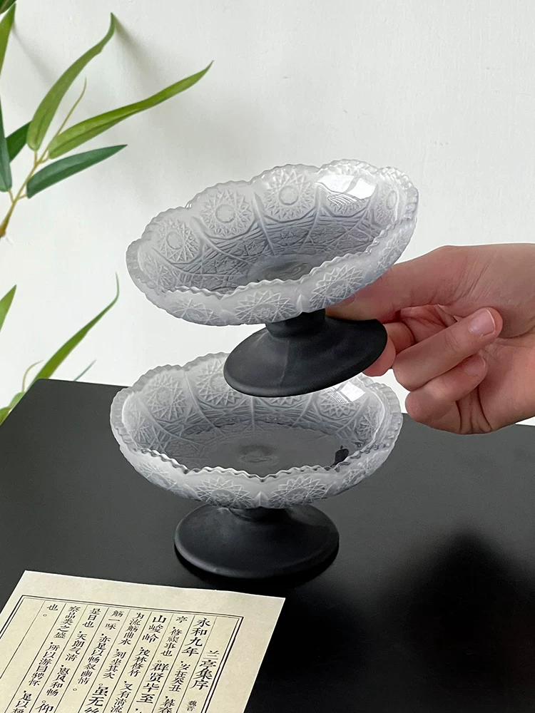 Đĩa trái cây chân thấp màu đen phong cách Trung Quốc, đĩa tráng miệng sáng tạo, đẹp mắt, đĩa đựng đồ ăn nhẹ, đĩa đựng đồ ăn nhẹ trà chiều, đĩa trái cây.