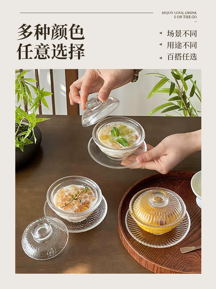 Bát thủy tinh trong suốt có nắp, bát súp tổ chim chịu nhiệt, bát súp nấm trắng nhỏ tinh tế, bát tráng miệng viền vàng, bộ bát đĩa kiểu Trung Quốc.