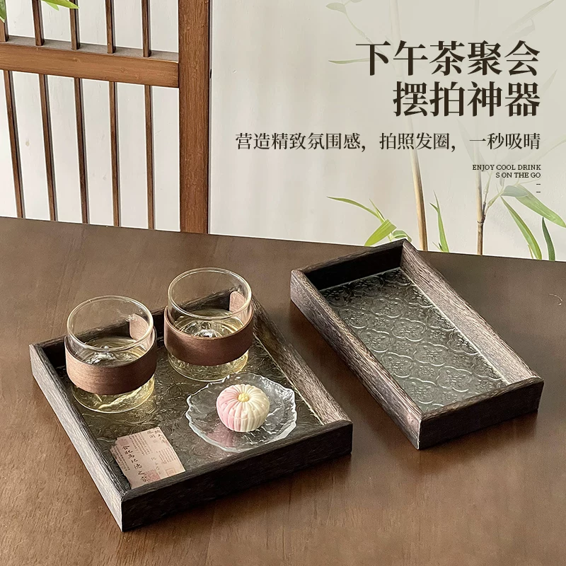 Khay kính hoa Begonia cổ điển hình chữ nhật màu óc chó, khay đựng đồ ăn nhẹ bằng gỗ gia dụng, khay trà