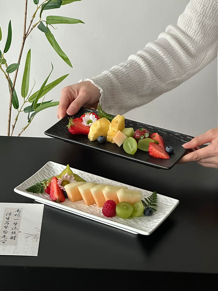 Đĩa nông hình chữ nhật họa tiết đá phong cách Trung Hoa, đĩa trái cây trà chiều tinh tế, đĩa tráng miệng, đồ dùng gốm sứ.