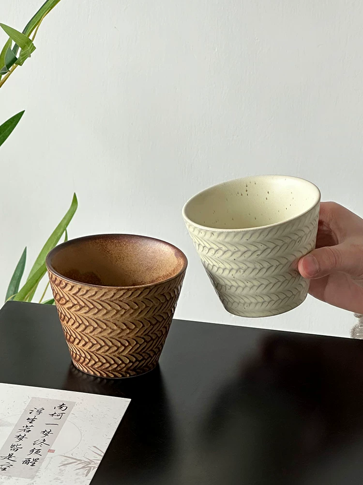 Cốc miệng lợn bằng gốm sứ hoa văn lúa mì nổi phong cách cổ điển Trung Quốc, cốc cà phê tinh tế, cốc nghệ thuật latte, cốc trà, cốc bắt tay, cốc nước.