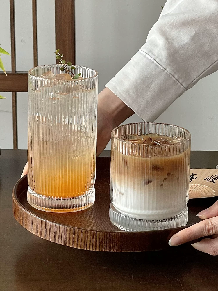Ly thủy tinh trong suốt kẻ sọc phong cách Ins, dùng trong nhà, thẩm mỹ cao, ly cà phê đơn giản, ly nước ép, ly sữa.