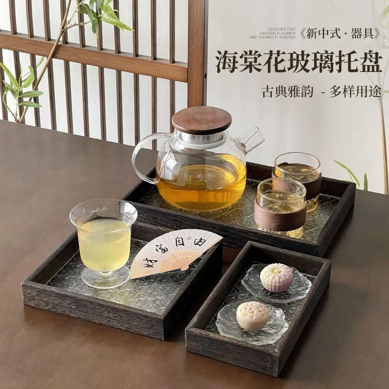 Khay kính hoa Begonia cổ điển hình chữ nhật màu óc chó, khay đựng đồ ăn nhẹ bằng gỗ gia dụng, khay trà