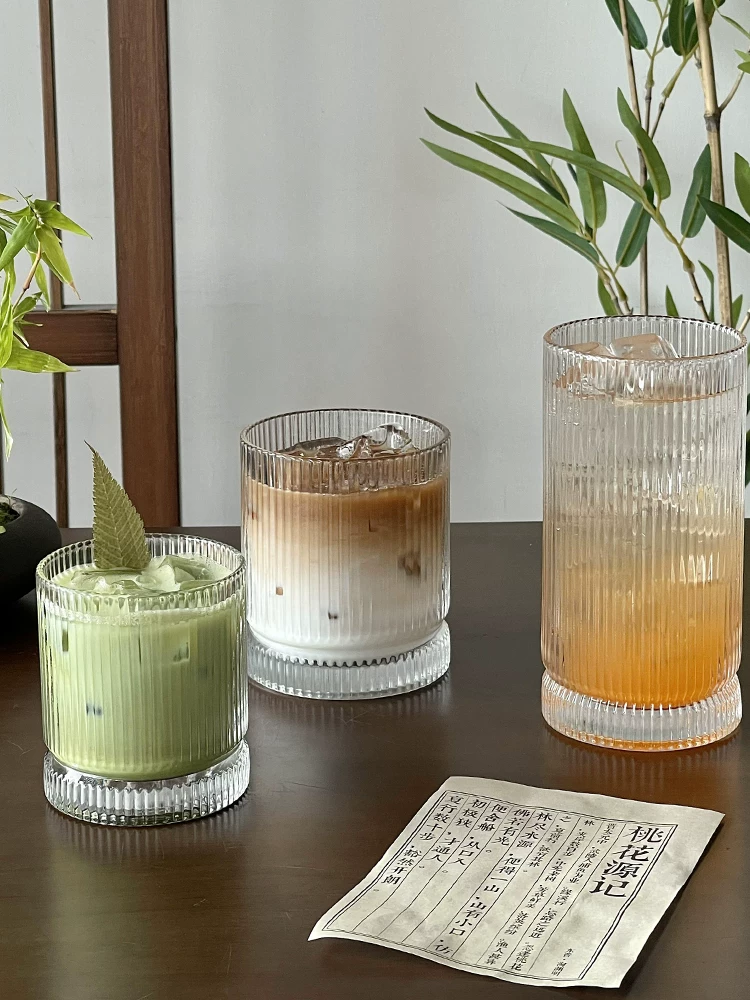 Ly thủy tinh trong suốt kẻ sọc phong cách Ins, dùng trong nhà, thẩm mỹ cao, ly cà phê đơn giản, ly nước ép, ly sữa.