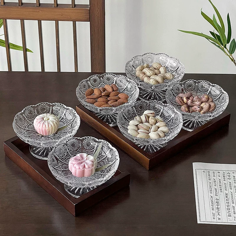 Bộ ấm trà kiểu Trung Quốc, bát thủy tinh chân thấp kèm khay gỗ, khay đựng đồ ăn nhẹ trên bàn cà phê, bộ đồ dùng cho trà chiều.