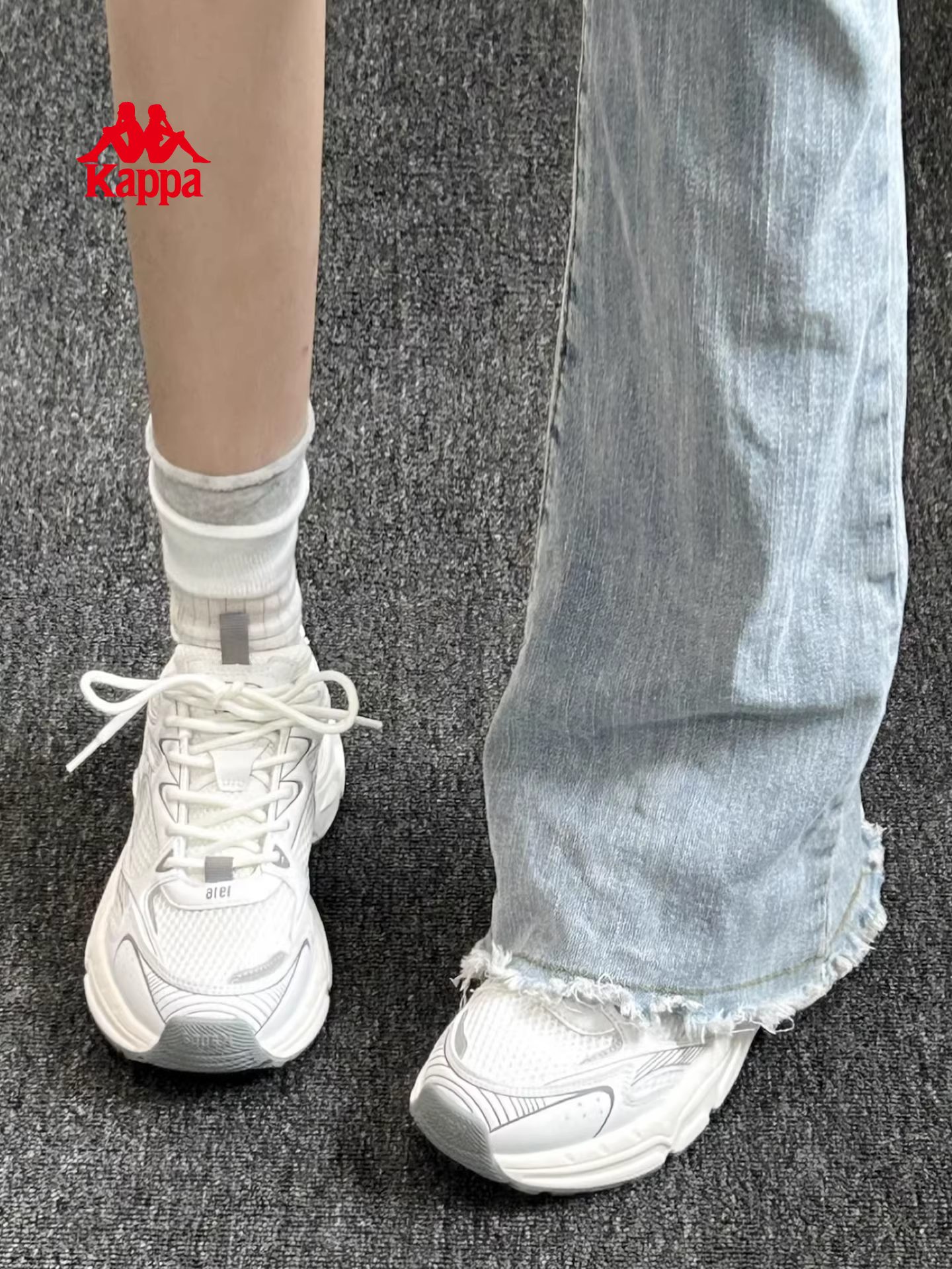 Giày thể thao nữ Kappa màu trắng mùa đông 2025 đế dày tăng chiều cao kiểu bố retro thời trang giày trắng