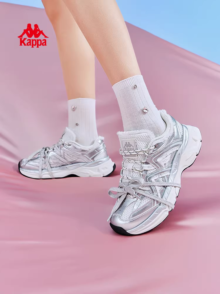Giày thể thao nữ Kappa màu bạc kiểu dáng bố mùa đông 2025 mới chất liệu lưới đế dày phong cách retro đa năng giày thường ngày