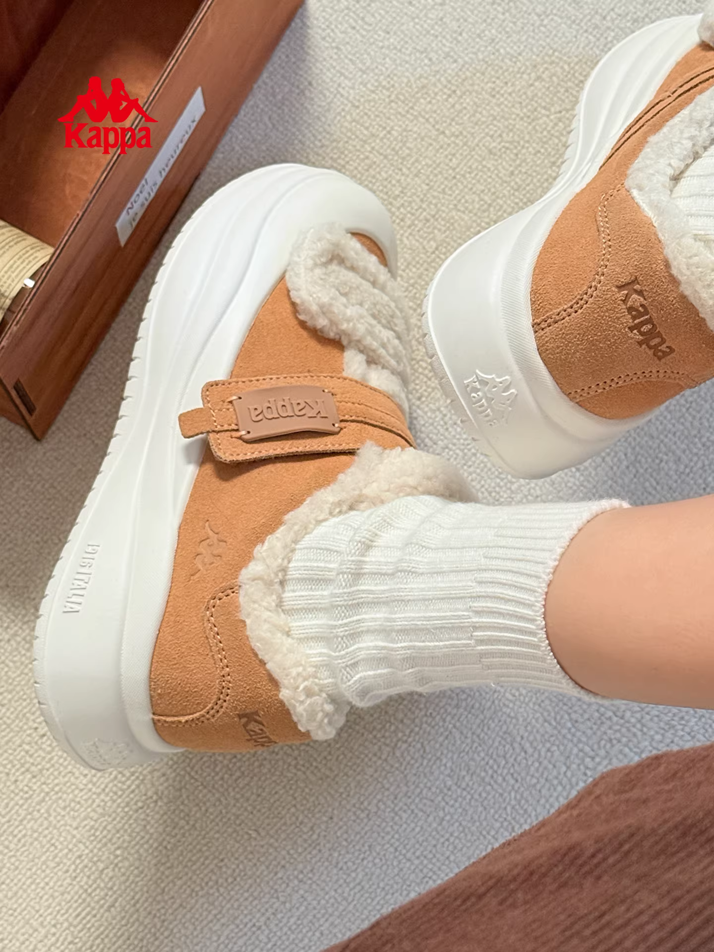 Giày nữ Kappa, giày cotton hai lớp, giày lông mùa đông nữ, trang phục ngoài trời nữ, lót lông cừu, giày thể thao đế dày, giày thường ngày mùa đông 2025.