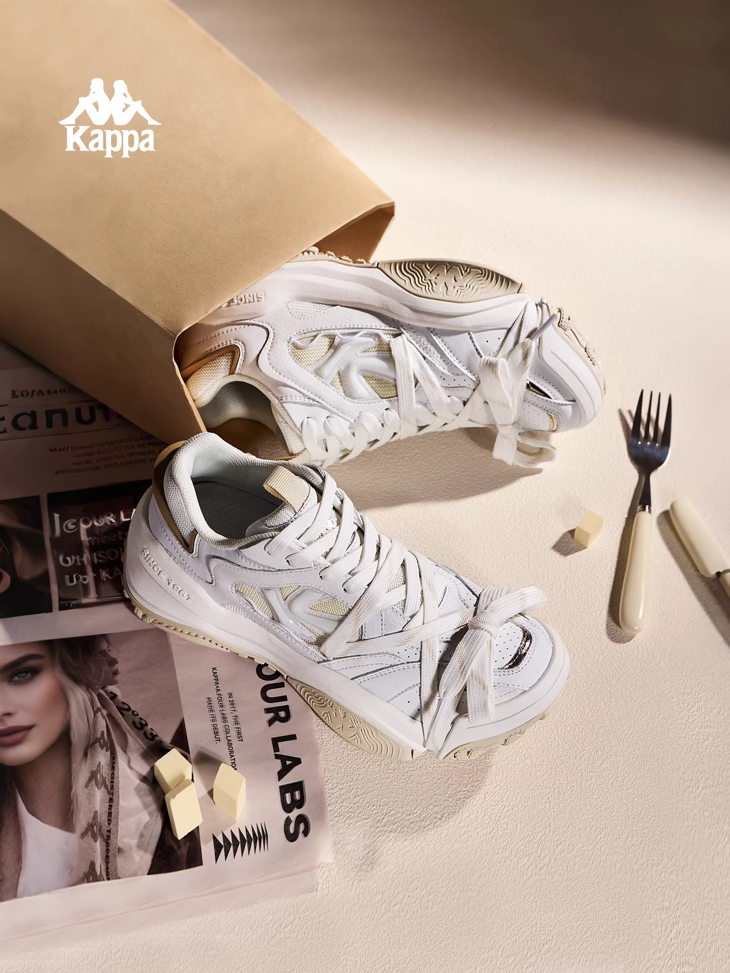 Giày thể thao Kappa Sugar Cube nữ 2025 mới đế dày tăng chiều cao màu trắng nhẹ mùa đông kiểu retro