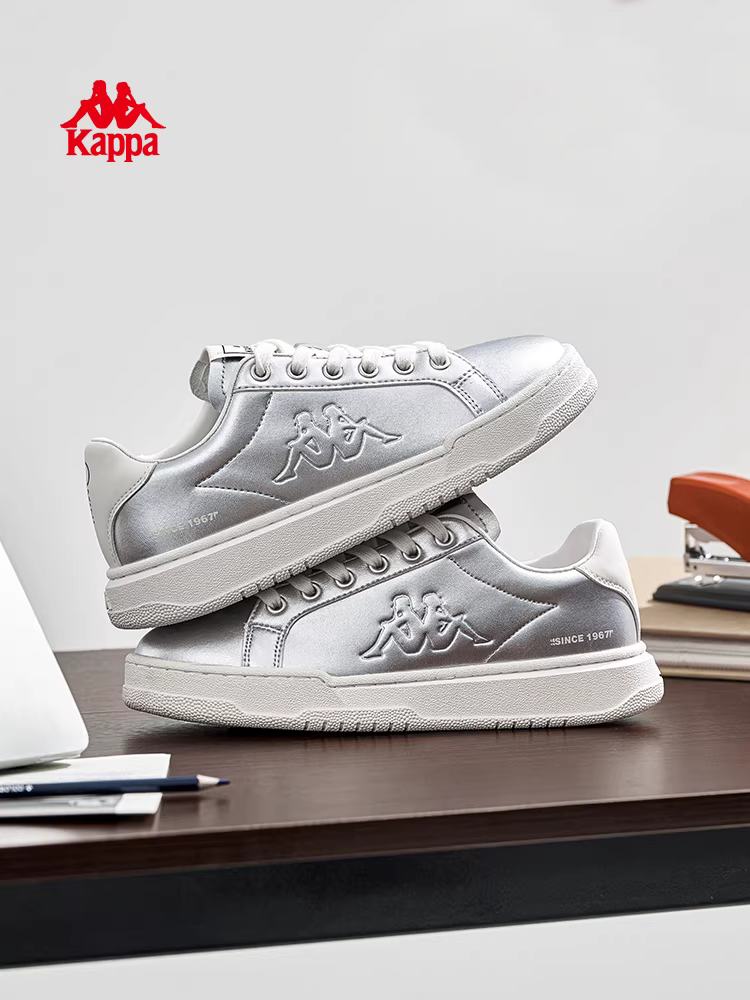 Giày thể thao nữ đế dày Kappa mùa đông 2025 kiểu dáng retro thời thượng màu bạc, giày chạy bộ thường ngày