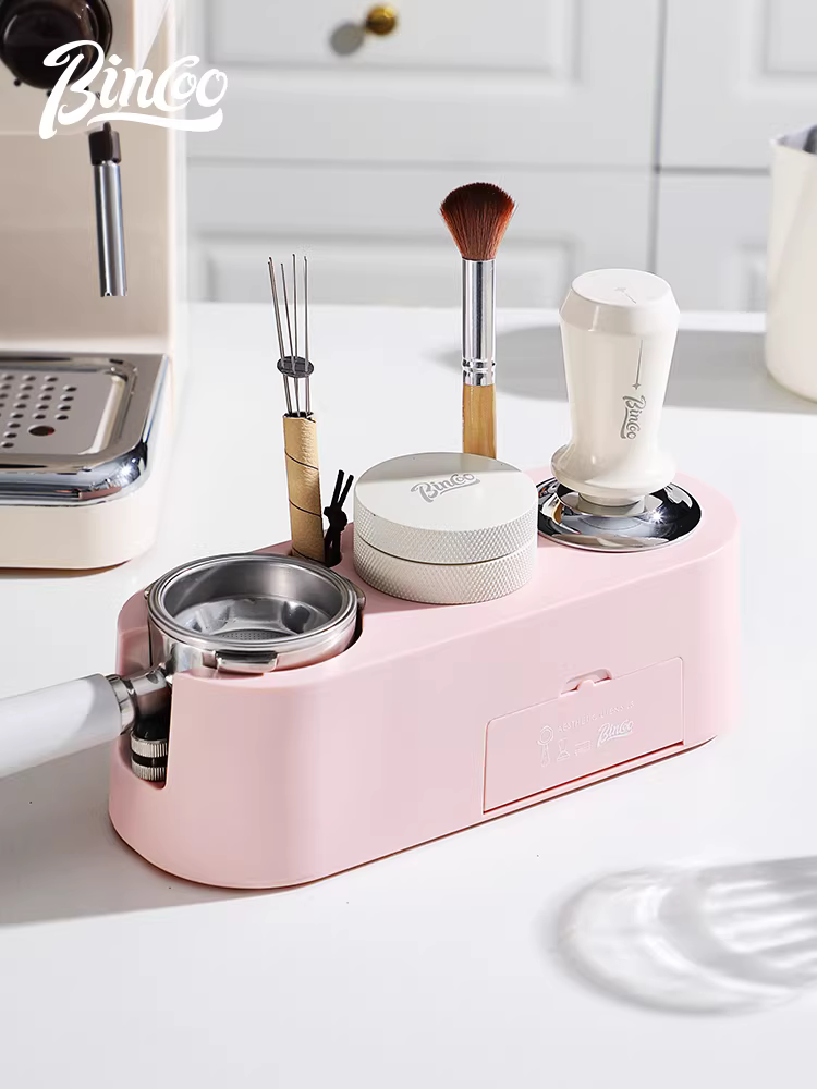 Bộ dụng cụ nén cà phê Bincoo màu hồng có đế, bộ ba món dành cho máy pha cà phê, dụng cụ cà phê 51mm/58mm