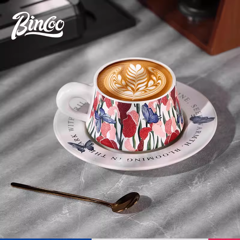 Bộ tách trà cà phê sứ Bincoo hình con bướm, chuyên dụng vẽ latte, kiểu Ý sáng tạo, cao cấp, tinh tế