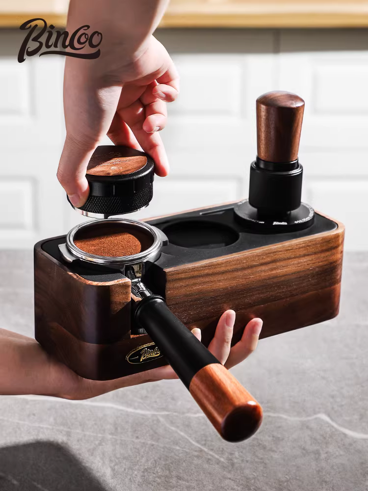Bộ dụng cụ nén cà phê bằng gỗ óc chó Bincoo gồm đế và bộ phân phối, bộ ba món dành cho máy pha cà phê 51/58mm