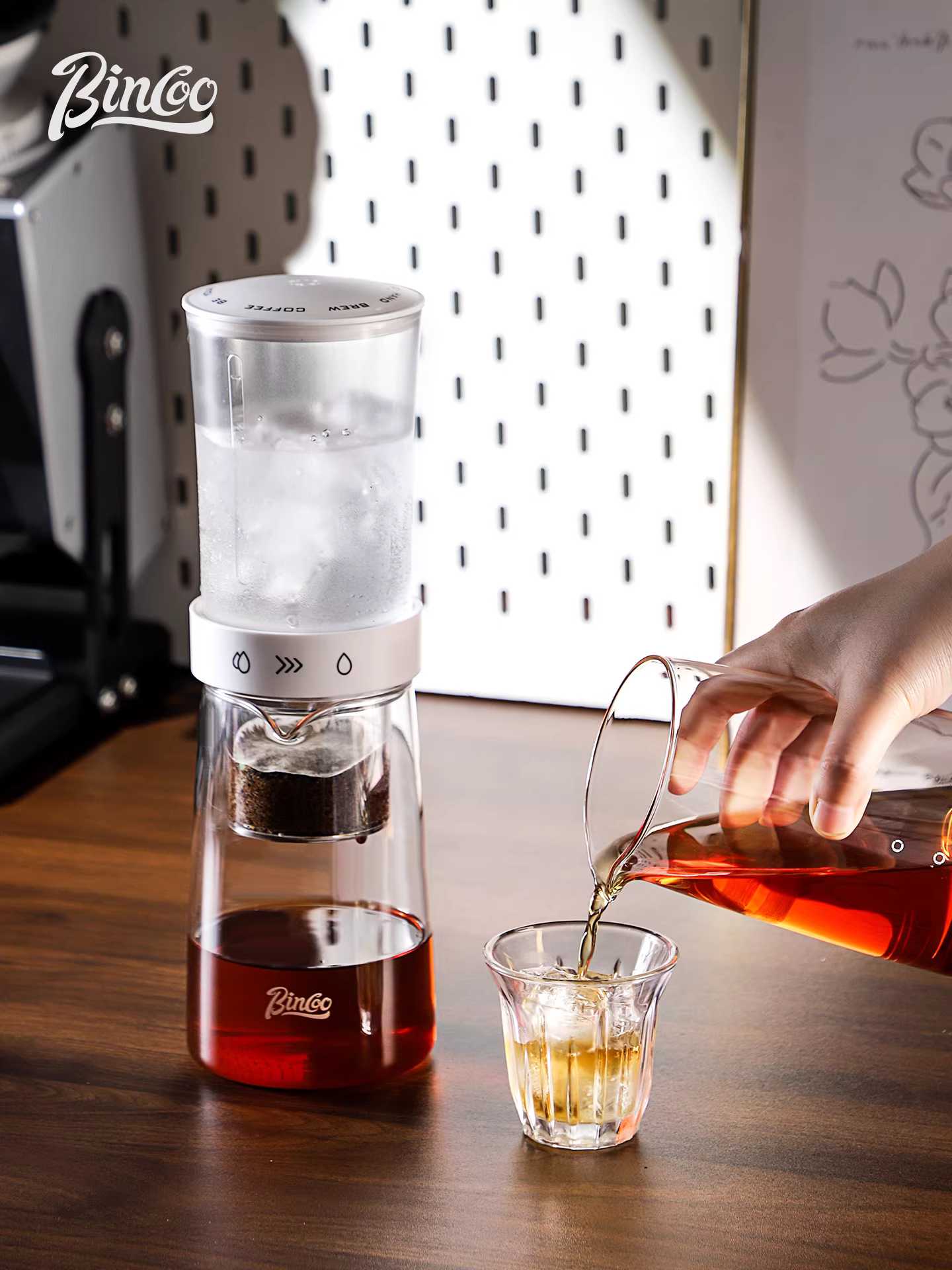 Bình pha cà phê đá Bincoo bằng kính, dụng cụ pha cà phê thủ công kiểu nhỏ giọt, dụng cụ chiết xuất đá cầm tay, bình pha cà phê lạnh di động