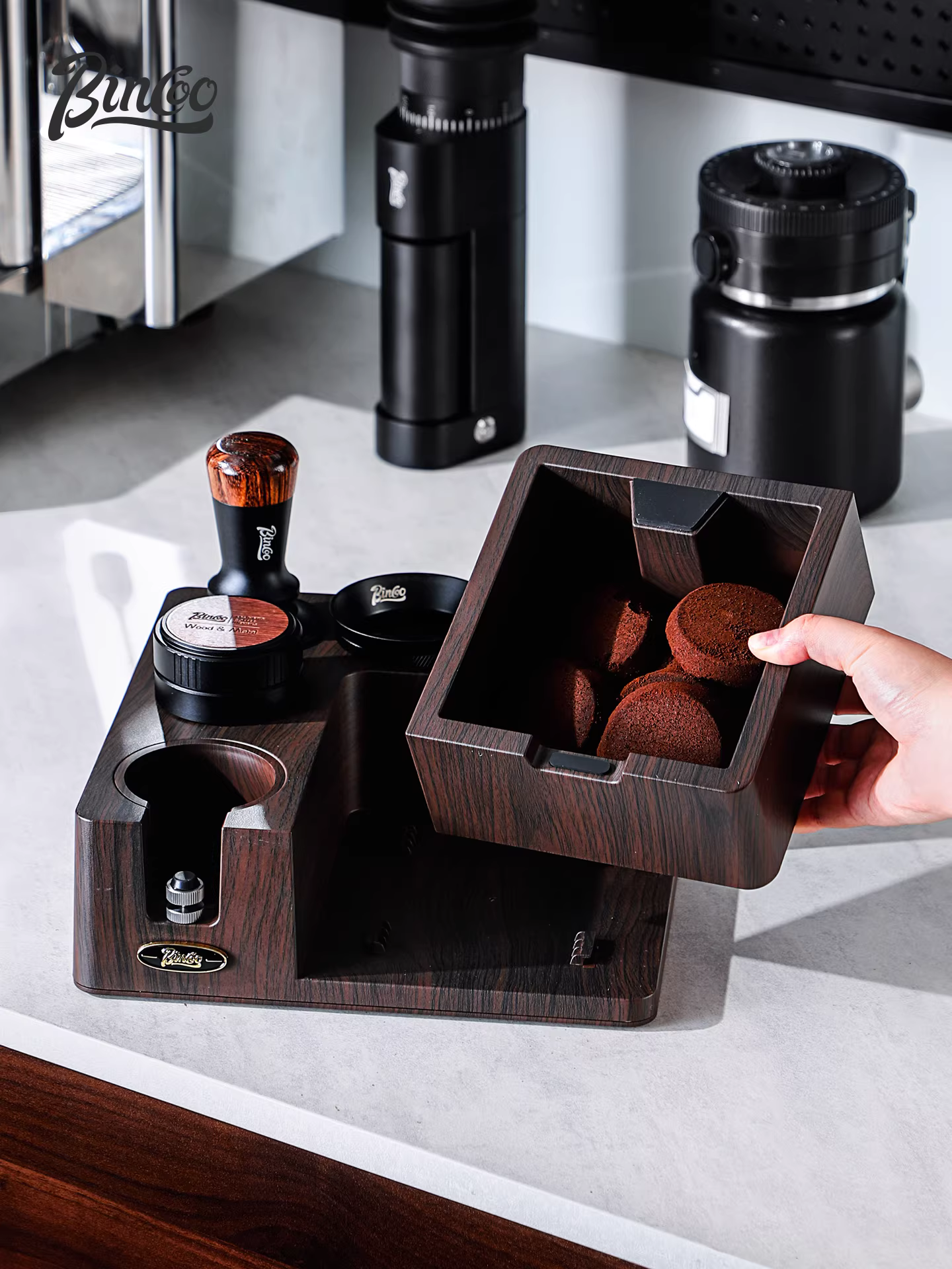 Bộ dụng cụ pha cà phê đa năng Bincoo Wood Grain kiểu Ý: giá đỡ, dụng cụ phân phối bột cà phê, hộp đựng bã cà phê
