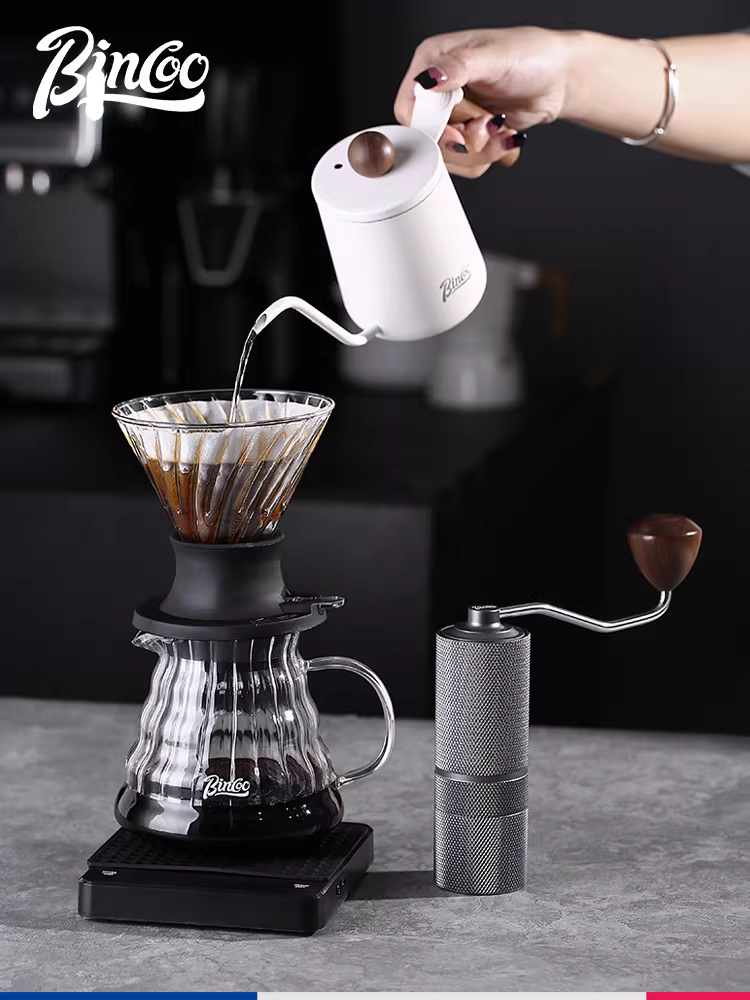 Bộ pha cà phê Bincoo gồm cốc thông minh, giấy lọc V60, ấm chia cà phê, máy xay cà phê cầm tay, cân điện tử.