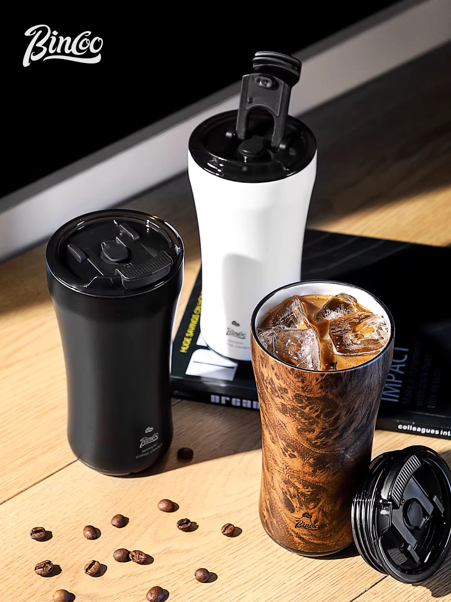 Cốc cà phê cách nhiệt Bincoo bằng thép không gỉ 316, gốm sứ, cốc du lịch di động dành cho nam và nữ, kiểu dáng Mỹ